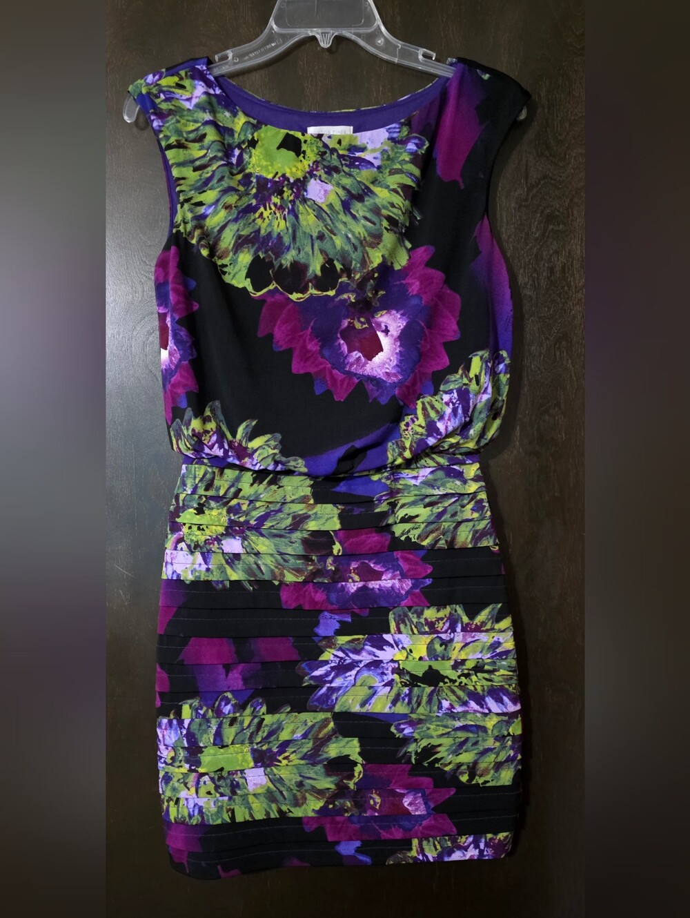 London Times Sleeveless Floral Bodycon Dress Purple Colorful Party Pleated Sz2